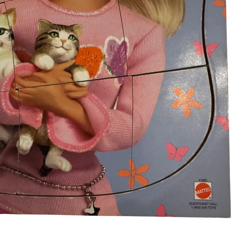 Vtg Barbie Jigsaw Puzzle 1990s Mattel Barbie Kittens Pink Sweater Butterflies‎